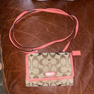 Rare HTF COACH Signature C Canvas Coral Leather Mini SwingPack Handbag